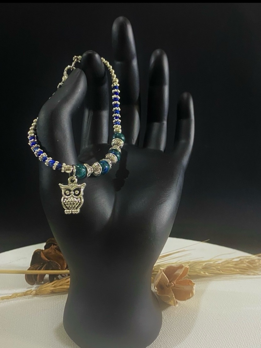 Gemstone Lapis Lazuli & Chrysocolla Azurite Lapis Lazuli Bracelet & Owl Charm